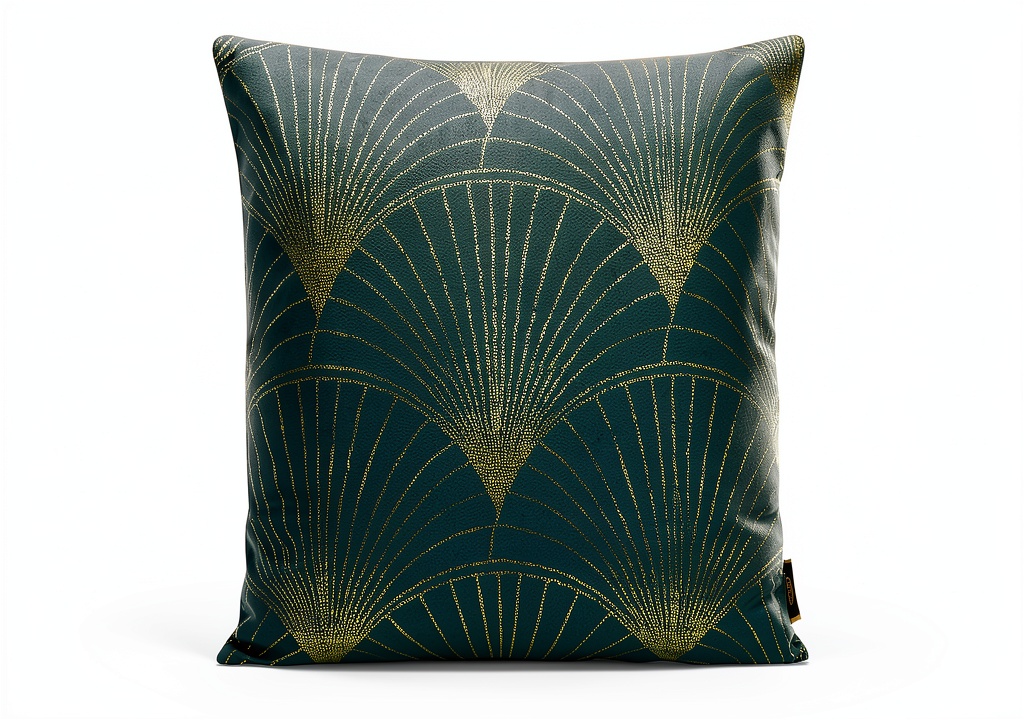 Pavo cushion cover displayed on a sofa in dark mint color