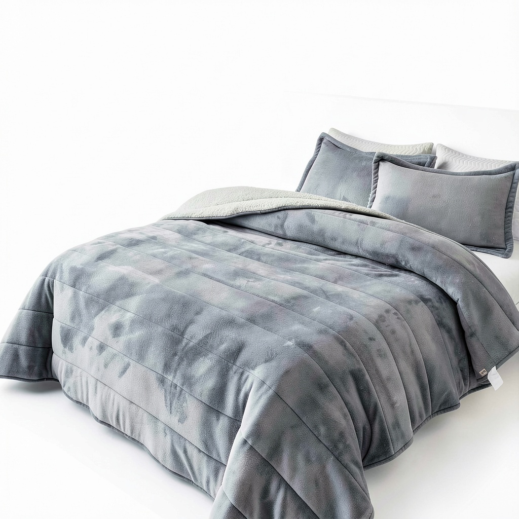 Flysheep Light Gray Fleece Blanket Set displayed on a bed