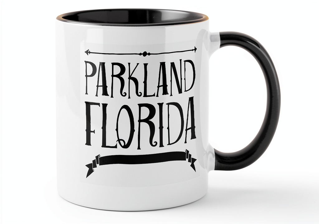 CafePress Parkland Florida ceramic mug on a kitchen counter