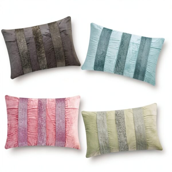 The HomeCentric Decorative Charcoal Grey 30x65 cm (12"x26") Lumbar Cushion Covers, Velvet Beaded Lumbar Cushion Covers, Striped Pattern Modern Style - Sparkling Stripe Charcoal-5