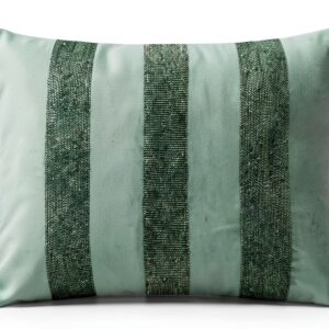The HomeCentric Designer Teal Blue 30x65 cm (12"x26") Lumbar Cushion Covers, Velvet Beaded & Velvet Lumbar Cushion Covers, Striped Pattern Modern Style - Sparkling Stripe Teal-0