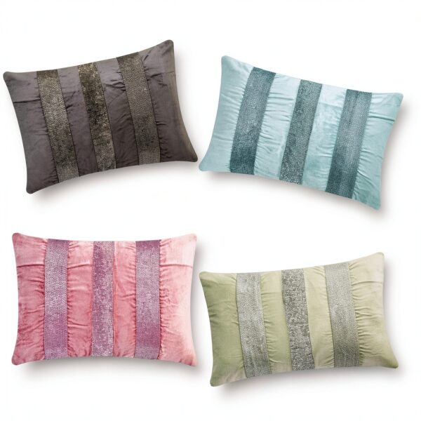 The HomeCentric Designer Teal Blue 30x65 cm (12"x26") Lumbar Cushion Covers, Velvet Beaded & Velvet Lumbar Cushion Covers, Striped Pattern Modern Style - Sparkling Stripe Teal-3